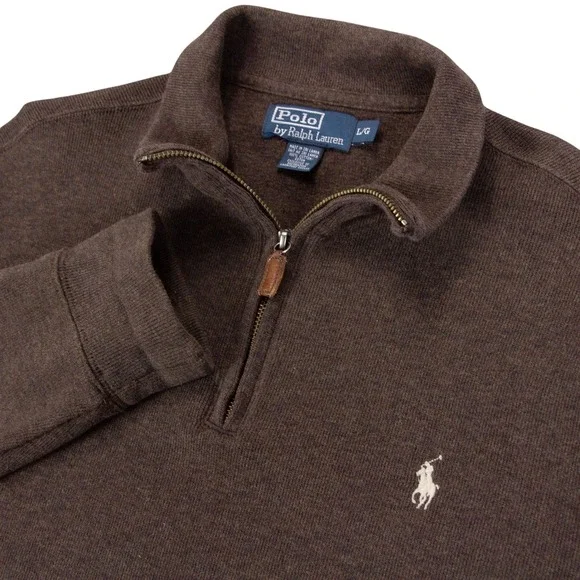 VTG Polo Ralph Lauren Mens Large Brown 1/4 Zip Pullover Sweater 100% Cotton Y2K
