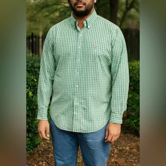 Ralph Lauren Polo Green‎ Plaid Button Up Shirt Classic Fit Men’s Size Large