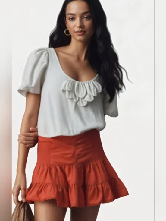 Anthropologie Little Yellow Button Cream Ruffled Top with Puff Sleeves