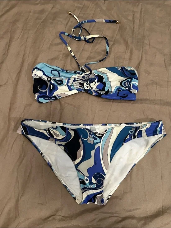 Emilio Pucci Printed String Bikini 2pc Swimsuit Sz 46 Blue White Beachy Fashion