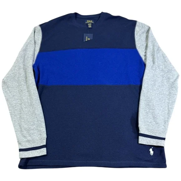 Polo Ralph Lauren Mens Thermal Long Sleeve‎ Top Color Block Blue Grey L