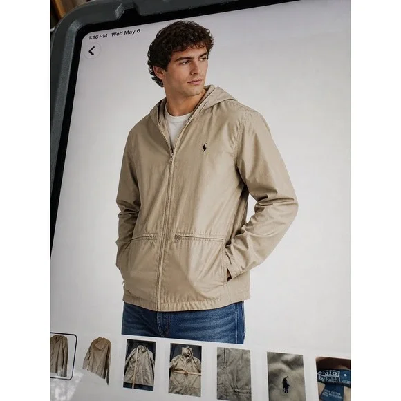 Polo Ralph Lauren Mens Tan Khaki Hooded Windbreaker Minimalist collegiate‎ small