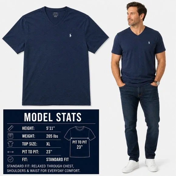 Polo Ralph Lauren Mens XL V-Neck T-Shirt Navy Blue Heather Pony Logo Cotton