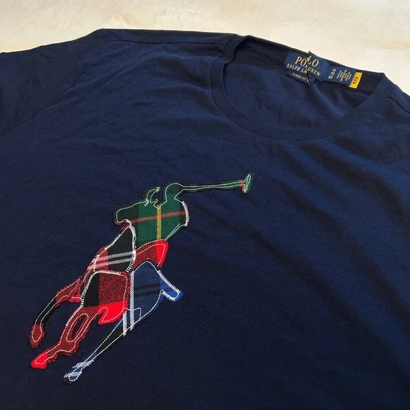 Polo Ralph Lauren Mens XL Navy Blue Plaid Patchwork Big Pony T-Shirt Classic Fit