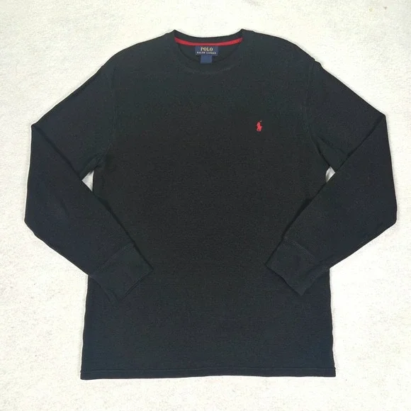 Polo Ralph Lauren Shirt Mens‎ Large Black Waffle Knit Thermal Cotton Long Sleeve