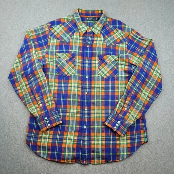 Polo Ralph Lauren Western Shirt Mens XL Blue Orange Plaid Pearl Snap Cotton