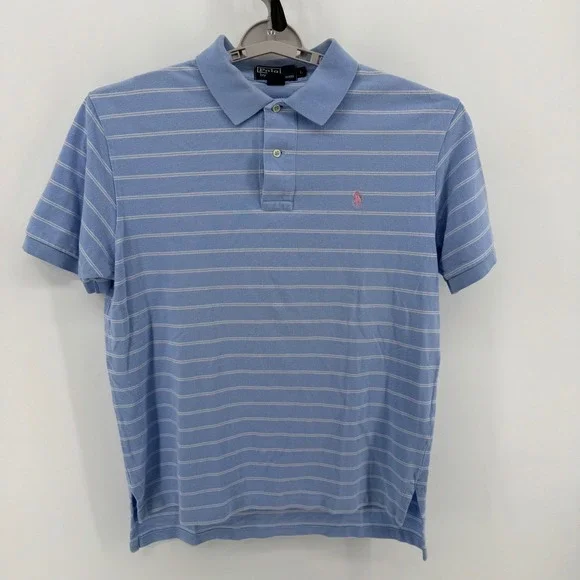 Polo Ralph Lauren Mens Large Blue White Striped Short Sleeve Pique Polo Shirt