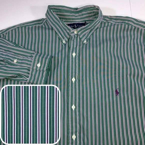Polo Ralph Lauren Shirt Mens 2XLT Green Purple Striped Button Down Classic‎ Fit