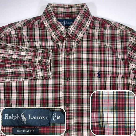 Polo Ralph Lauren Shirt Mens Medium M Custom Fit Plaid Button Down Long‎ Sleeve