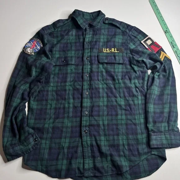 Polo Ralph Lauren Shirt Mens M Green Plaid Flannel Long Sleeve Military Patches