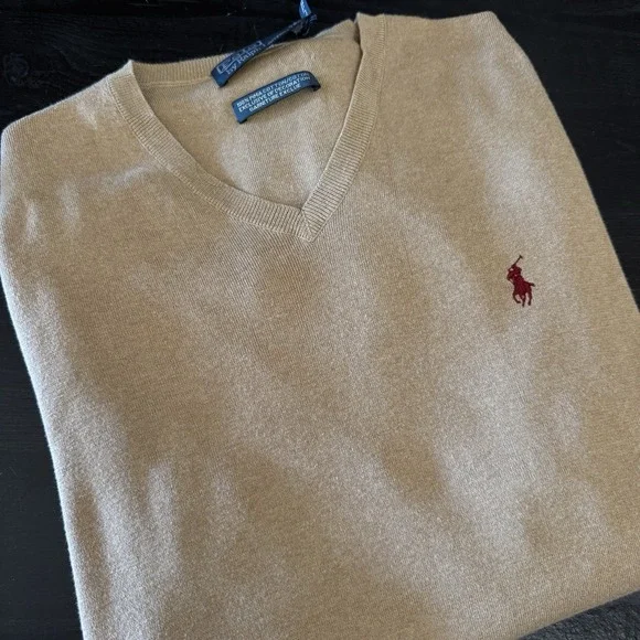 Vintage Polo Ralph Lauren Sweater Men's 2XL Tan 100% Pima Cotton V-Neck Preppy