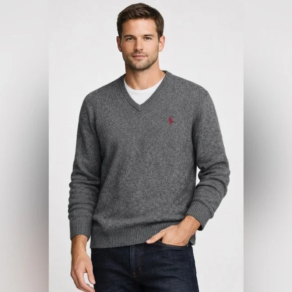 Polo Ralph Lauren Lambswool V Neck Sweater Gray Men’s Large Classic Logo Knit