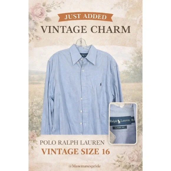 VINTAGE Y2K Polo Ralph Lauren Mens Blue Herringbone Button‎ Down Shirt Size 16