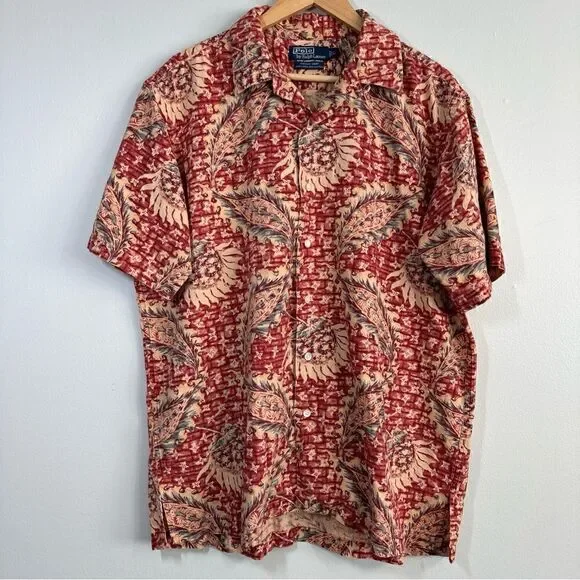 Polo Ralph Lauren Vintage Camp Shirt Men's L Linen Blend Pineapple Floral Red