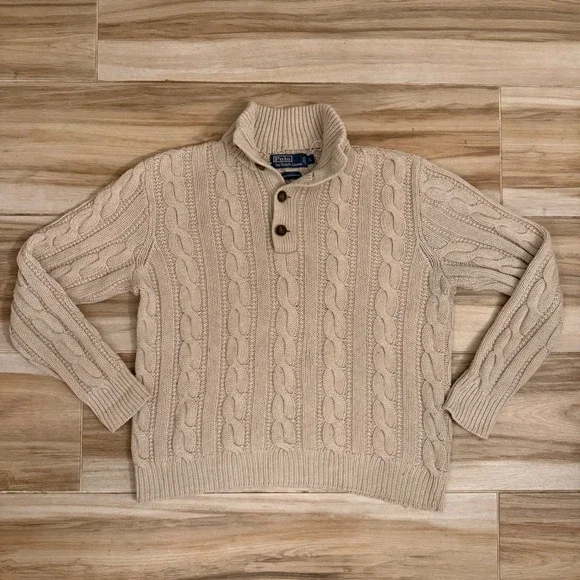 Vintage Polo Ralph Lauren Cable Knit Sweater Men L 100% Tussah Silk Button Mock
