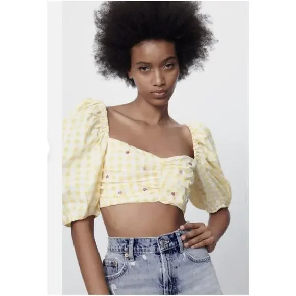 Zara Womens Yellow Gingham Puff Sleeve Cropped Blouse Large