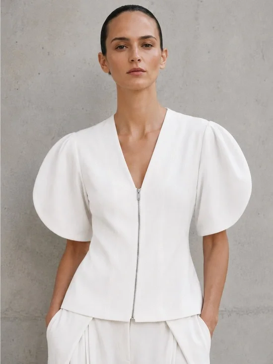 Zara White Sculptural Puff Sleeve Zip Front Blouse Top NWT Size S