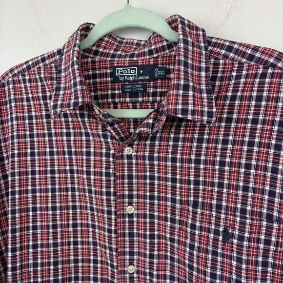 Polo Ralph Lauren Shirt Mens‎ 2XL Red Blue Plaid Marlowe Button Front Cotton