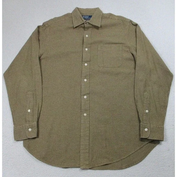 Polo Ralph Lauren Shirt Mens Large Brown Curham Sport Houndstooth Cotton‎ Casual