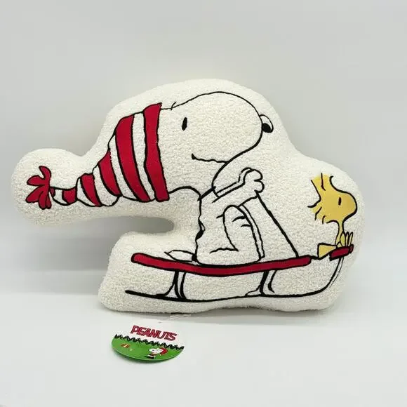 Peanuts Snoopy & Woodstock Sledding Shaped Sherpa Christmas Pillow NEW