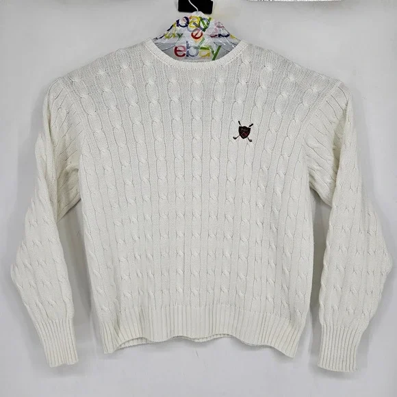 Vintage Polo Ralph Lauren Sweater Mens Large Cable Knit Crew Neck Shield White