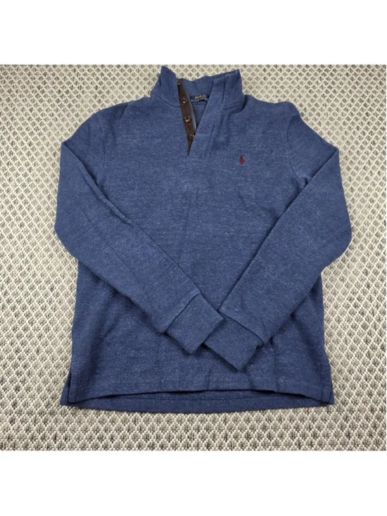 Polo Ralph Lauren Blue Shawl Collar Sweater Mens Small Leather Trim Cotton