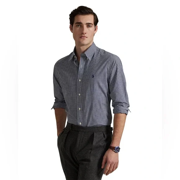 Polo Ralph Lauren Men's Cotton Poplin Navy Gingham Check Button Down Size Large‎