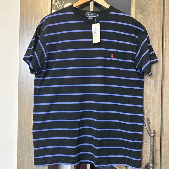 Vintage 90s Polo Ralph Lauren Striped T-shirt Pony Logo 100% Cotton Mens L Blue