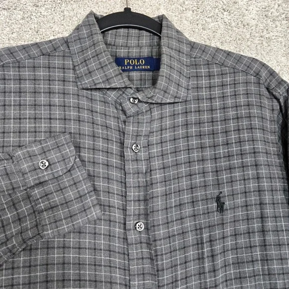 Polo Ralph Lauren Shirt Mens Medium Gray Check Plaid L/S lightweight soft cotton