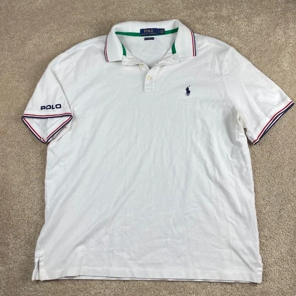 Polo Ralph‎ Lauren Mens White Classic Fit Pique Polo Shirt Large Red Blue Trim