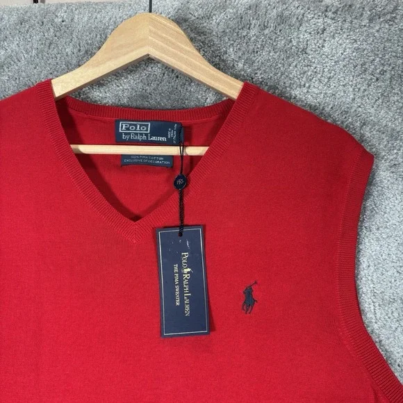 Vintage Polo Ralph Lauren Sweater Vest Mens L Red 100% Pima Cotton V Neck NWT