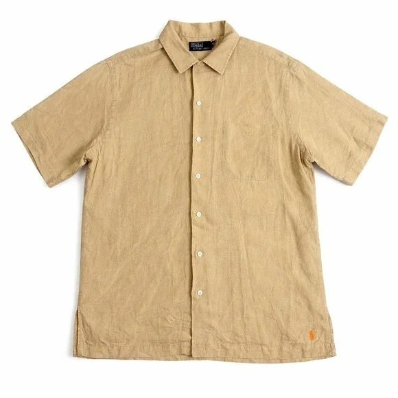 VTG Polo Ralph Lauren‎ Shirt Mens Large Silk Linen Caldwell Loop Camp Collar Tan