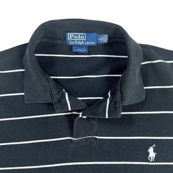 Polo‎ Ralph Lauren Mens Custom Fit Striped Polo Shirt Black White Large Cotton