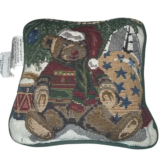 Vintage Santa Teddy Bear Tapestry Accent Throw Pillow Needlepoint Christmas‎ 8x8