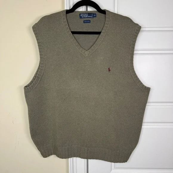 Vintage Polo Ralph Lauren Sweater Vest Men XL Olive Green Cotton Knit V-Neck