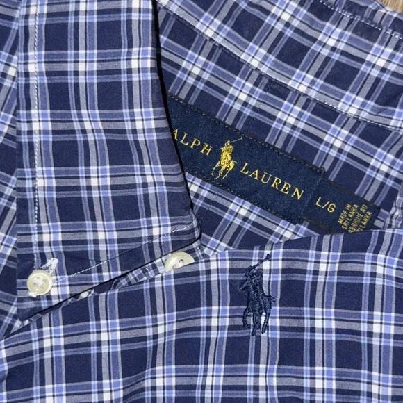 Polo Ralph Lauren Long Sleeve Button Down‎ Oxford Shirt Men's L Blue White Plaid