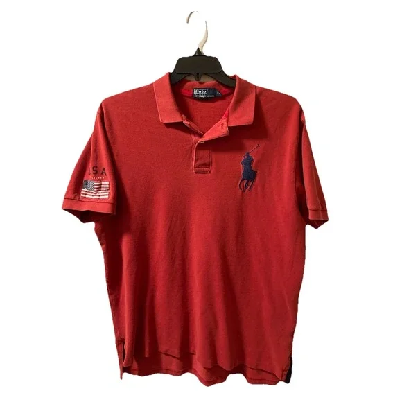 Polo Ralph Lauren Polo Shirt Mens‎ XL Red Big Pony USA Flag American Classic