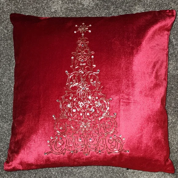 Pier 1 Imports pillow, Silver Beaded Tree on Red Velvet, NWT! 14