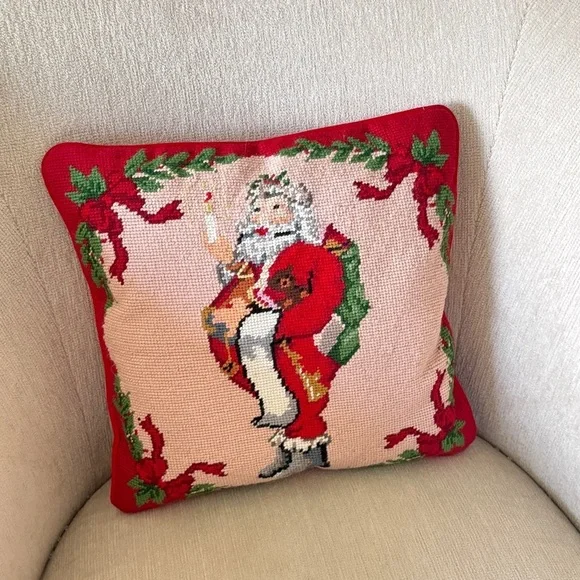 Handmade Needlepoint pillow santa claus St. Nick christmas velvet square bows