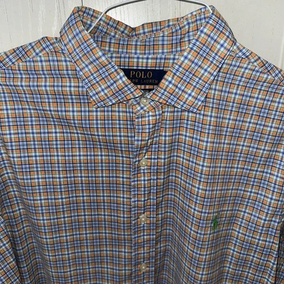 Polo Ralph Lauren Mens Button Down Plaid XL 100%Cotton Stretch Orange Blue