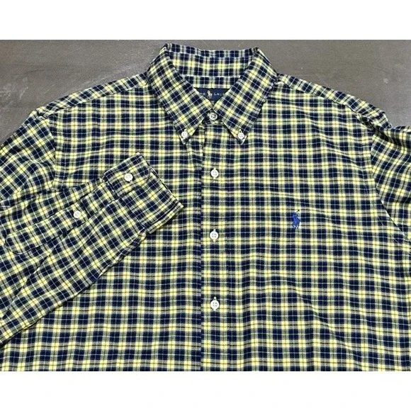 Polo Ralph Lauren Men's Large Yellow‎ and Blue Plaid Cotton Button Down Shirt