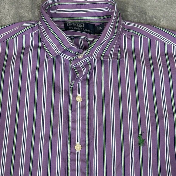Polo Ralph Lauren Shirt Mens Size Large‎ Purple Green Striped Green Logo Preppy