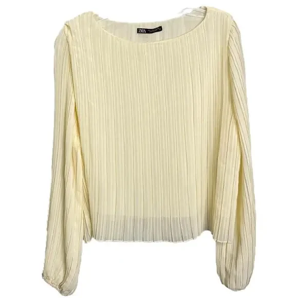 Zara Women's Sz L Blouse Long‎ Sleeve Pleated Puff Sleeve Cream Romantic