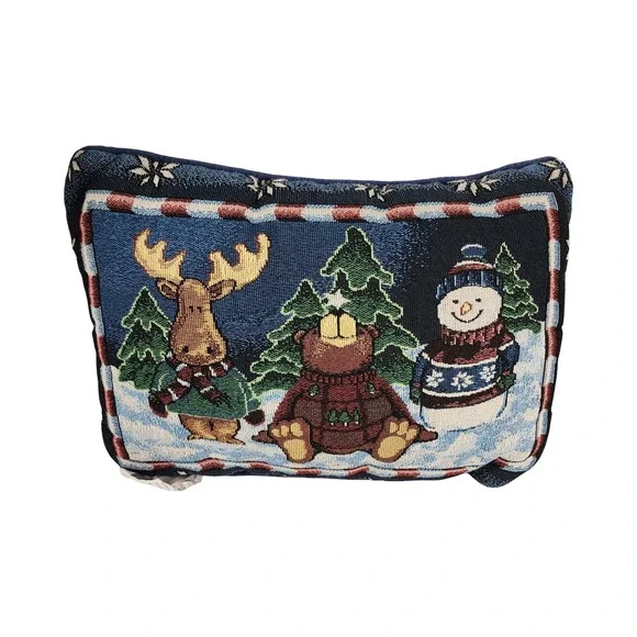 Vintage Christmas Winter Tapestry Pillow‎ Moose Snowman Woven Decorative Cushion