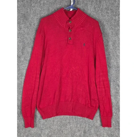 Polo Ralph Lauren Men's Red‎ Cotton Button Mock Neck Knit Sweater Pullover Sz L
