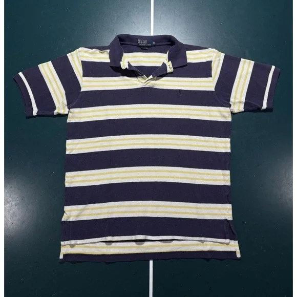 Vintage Polo Ralph Lauren Polo Shirt Men Large Blue Yellow Striped Cotton Pique