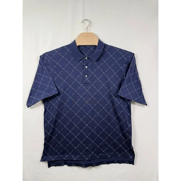 Polo Golf Ralph Lauren Mens Large Navy Blue Golf Club Diamond Print Polo Shirt