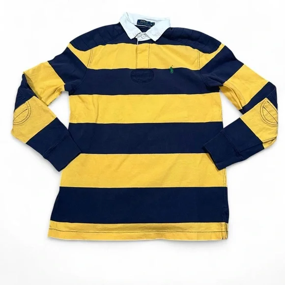Polo Ralph Lauren Men’s Blue Yellow Striped Padded Green Pony Rugby Shirt Medium