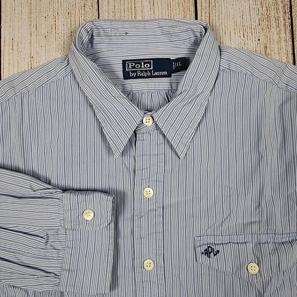 Vintage Polo Ralph Lauren Button Shirt Mens XL‎ Monogrammed Pocket Striped Blue