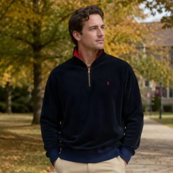Vintage Polo Ralph Lauren Quarter Zip Fleece Navy Red Collar Pony Men L 90s